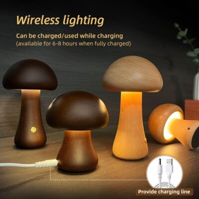 INS Wooden Cute Mushroom LED Night Light With Touch Switch