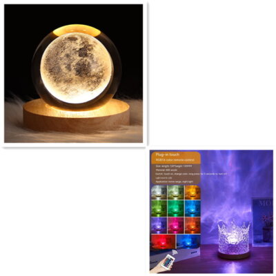 The image showcases two different light fixtures. The top displays a moon lamp on a wooden base. The bottom features a USB Rotating Projection Crystal Table LED Lamp RGB emitting various colors from an LED base, with a remote control included. Resembling the elegance of items you'd find in Raymond Shop, thumbnails in the corner exhibit an array of colors.