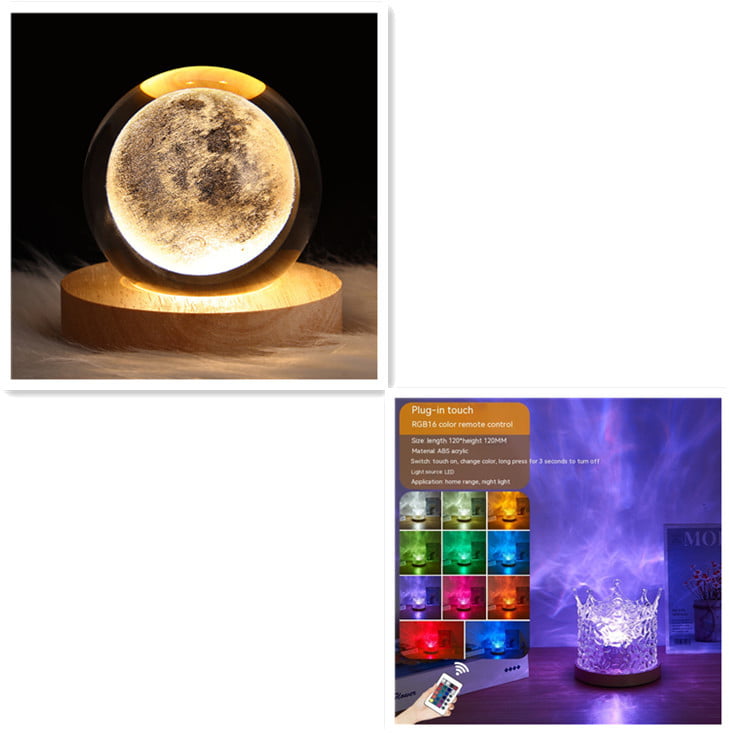 The image showcases two different light fixtures. The top displays a moon lamp on a wooden base. The bottom features a USB Rotating Projection Crystal Table LED Lamp RGB emitting various colors from an LED base, with a remote control included. Resembling the elegance of items you'd find in Raymond Shop, thumbnails in the corner exhibit an array of colors.